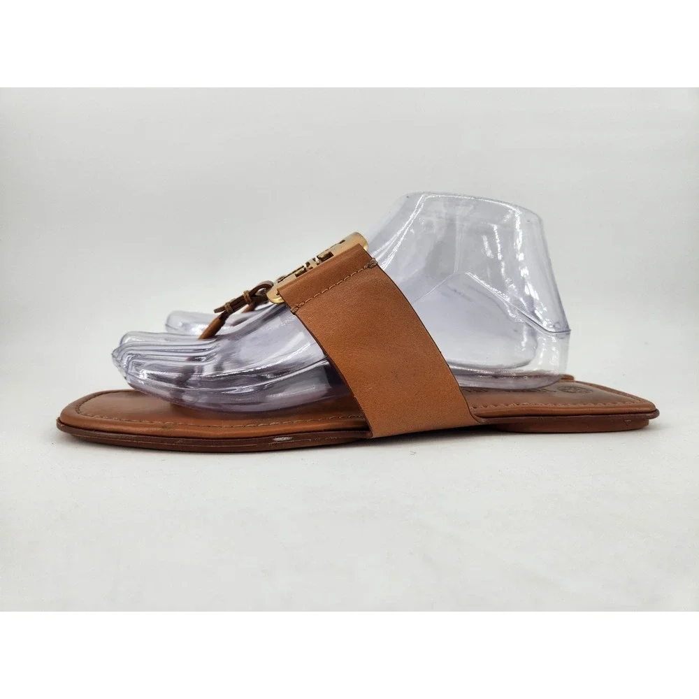 Tory Burch Georgia Sandals Womens 9.5 Tan Brown Gold Logo‎ Thong Flat 84937